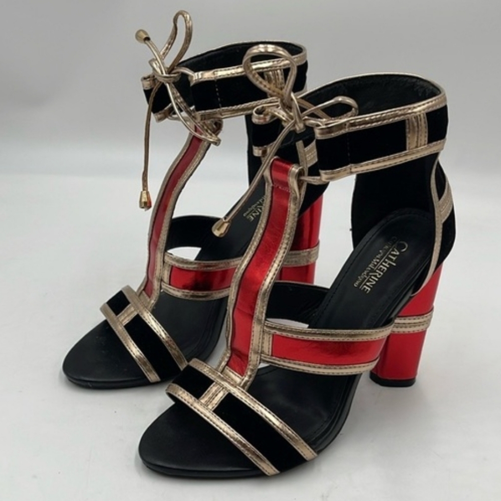 Catherine Malandrino Metallic/Suede Strappy Ankle Chunky Heels, Black Red Gold